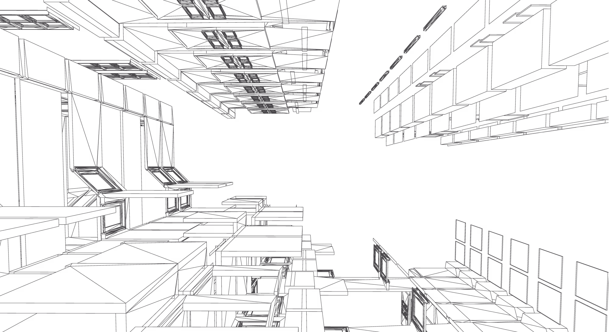 Wireframe architectural rendering looking up between building facades.