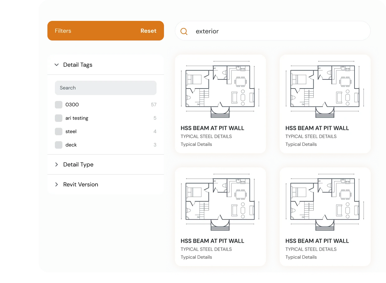 Pirros platform search interface showing filterable architectural detail results