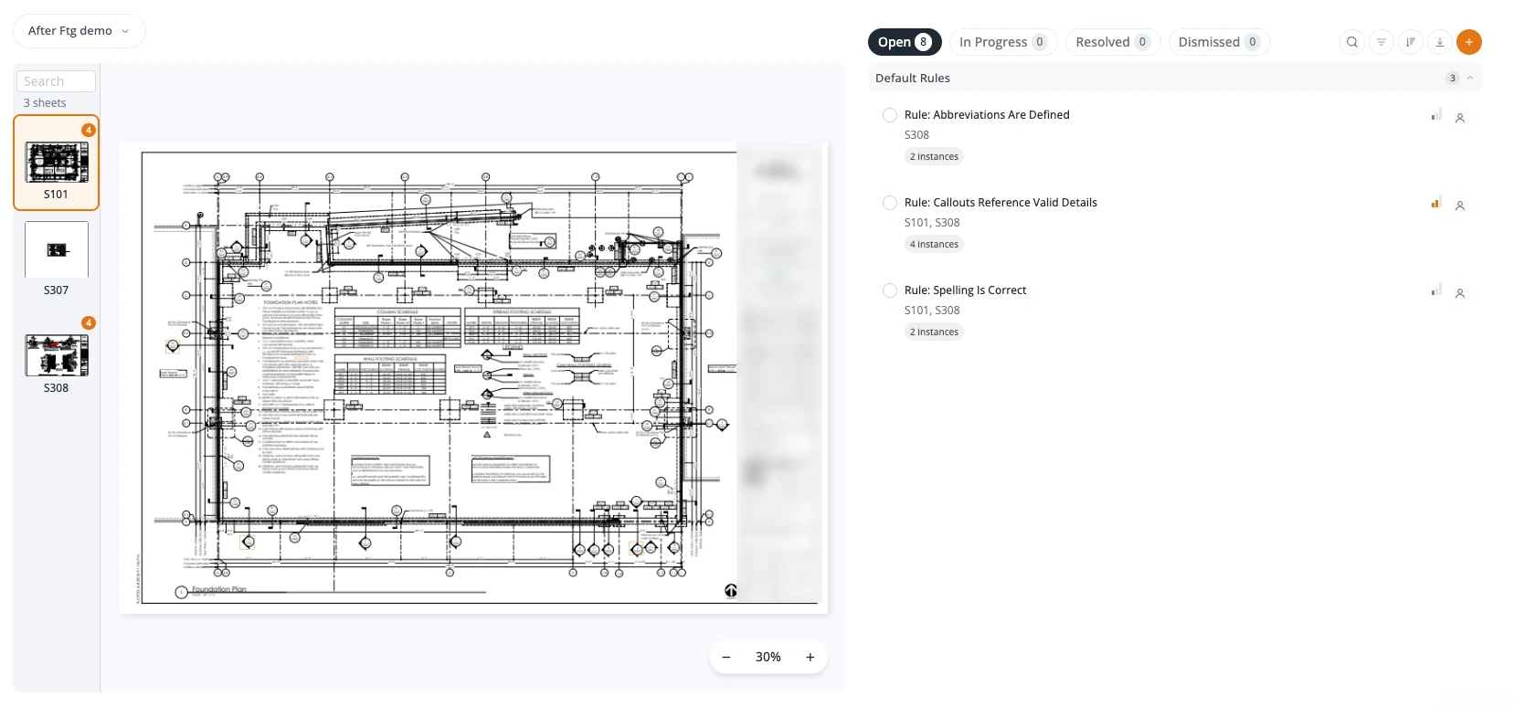 The Quality Management System review open on a structural foundation plan at 30% zoom, its title block blurred to protect the client's work. A rail on the left lists the project's three sheets — S101, S307 and S308 — with a finding count on two of them; a panel on the right shows eight open findings grouped under three rules, each naming the sheets it was found on and how many instances.