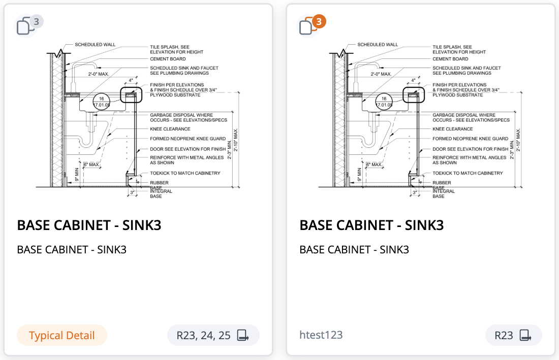 Two Pirros cards showing the same base cabinet detail: one labelled Typical Detail, the other still carrying its project name.